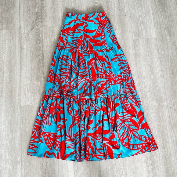 SUNNY OUTSIDE PRINTED TIERED MAXI SKIRT - TEAL RED - Picture 7 of 7